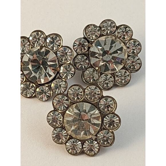 3 Vtge Rhinestone Buttons 7/8" Curved Shanks Clear On Silver Color - Picture 4 of 8